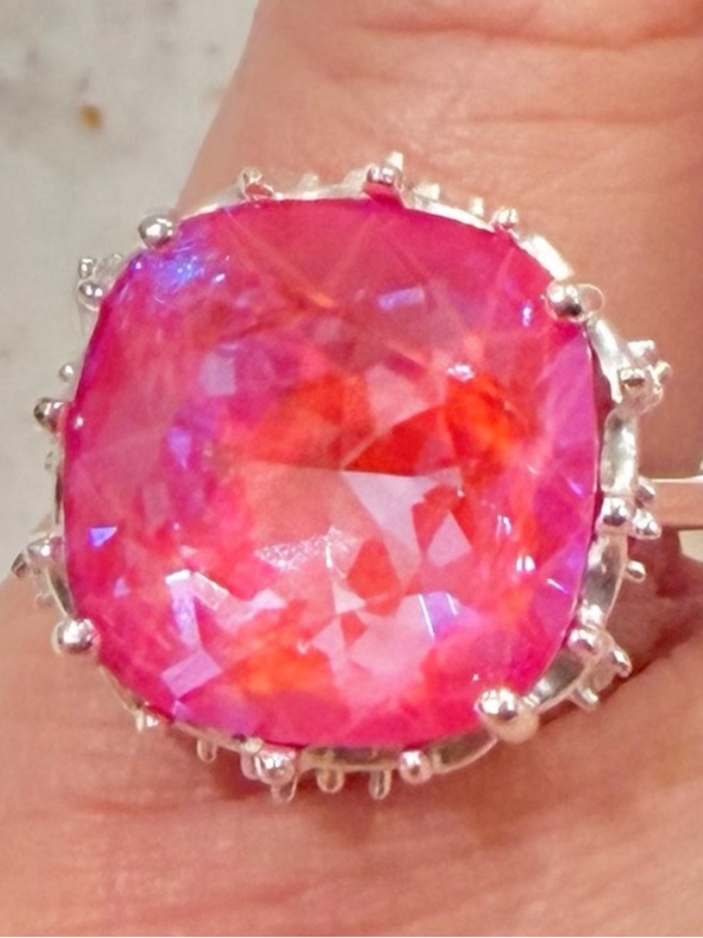 Signed IBB Sterling Silver 925 Cushion Cut Fuchsia Pink Cocktail Ring Size 5